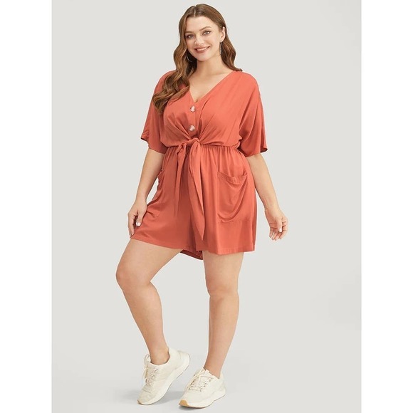 2/$25 Size 14 - 16 • 1x BloomChicCoral Pocket Button Belted Knotted Front Romper - Picture 3 of 8